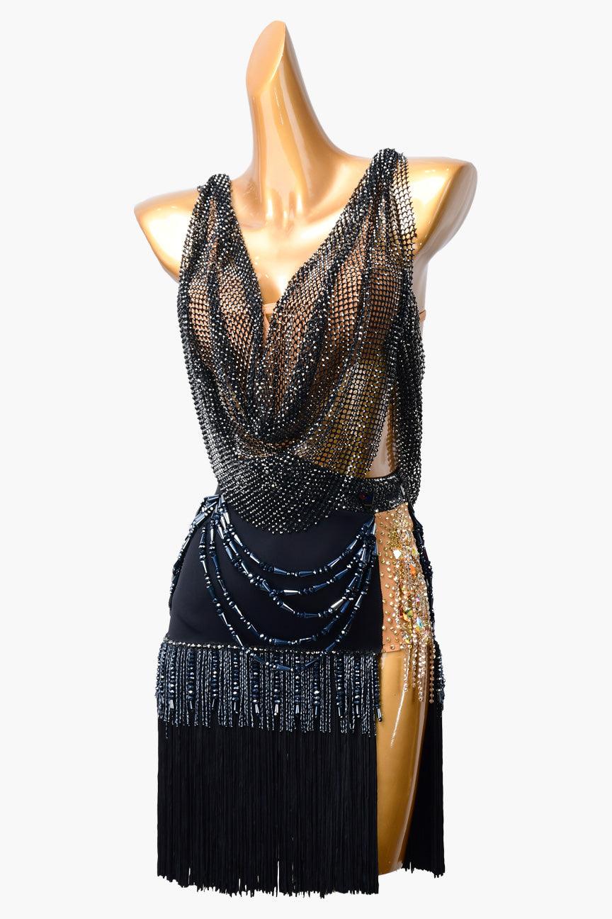 Permino black Latin dress with fringe, fishnet, beaded fringe and rhinestone - PerminoDesign