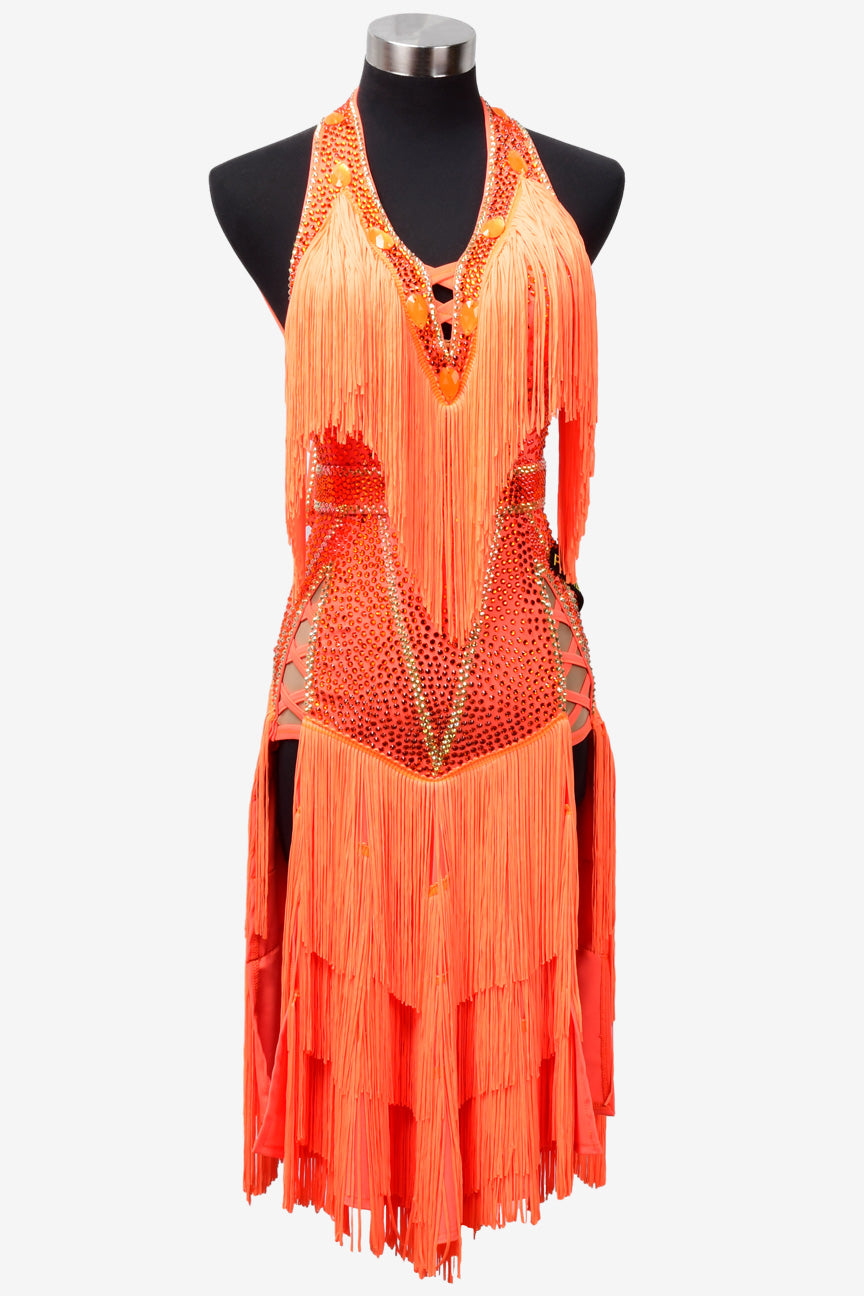 Permino vitality orange Latin dress with fringe and AB stone