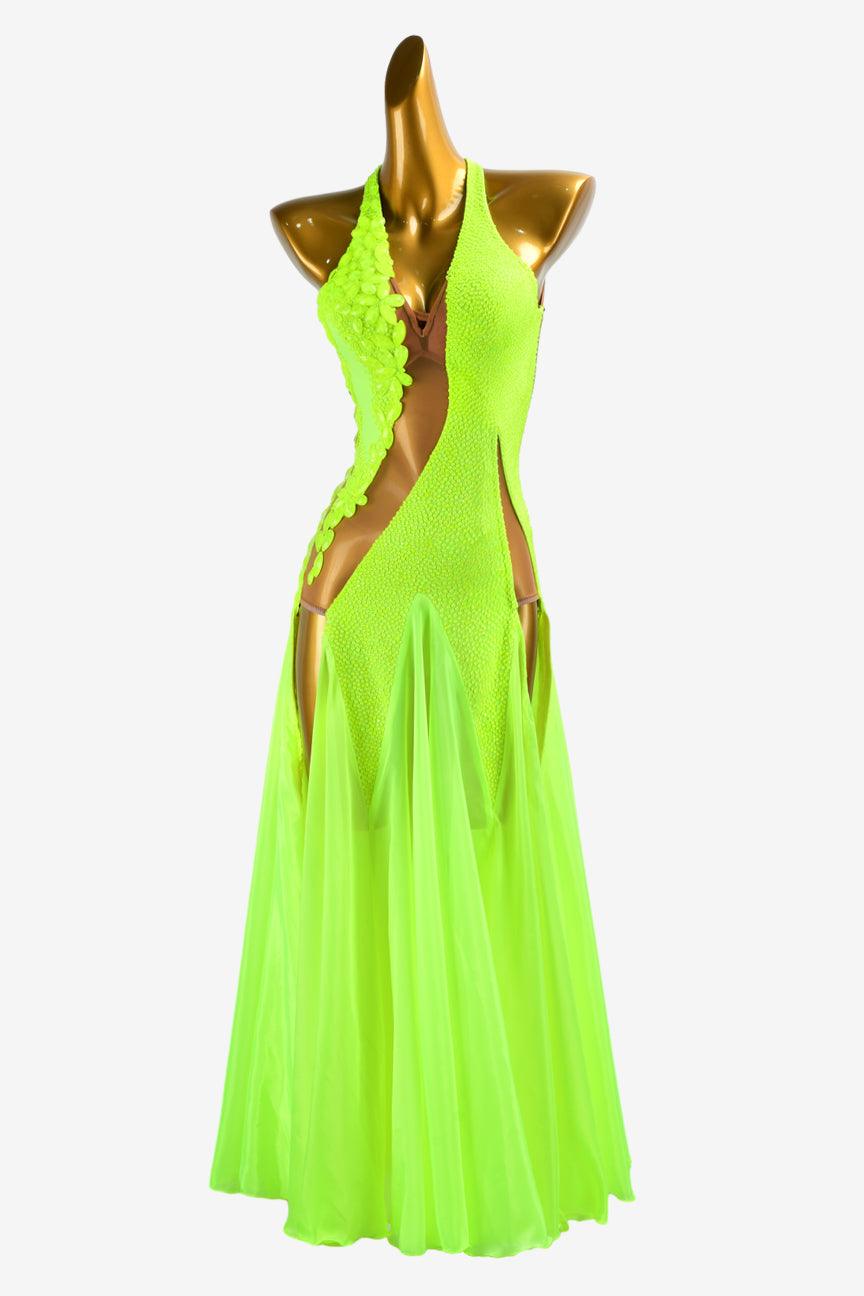 Permino chartreuse backless Ballroom dress with pearl chiffon underskirts, crystals & rhinestone applique - PerminoDesign