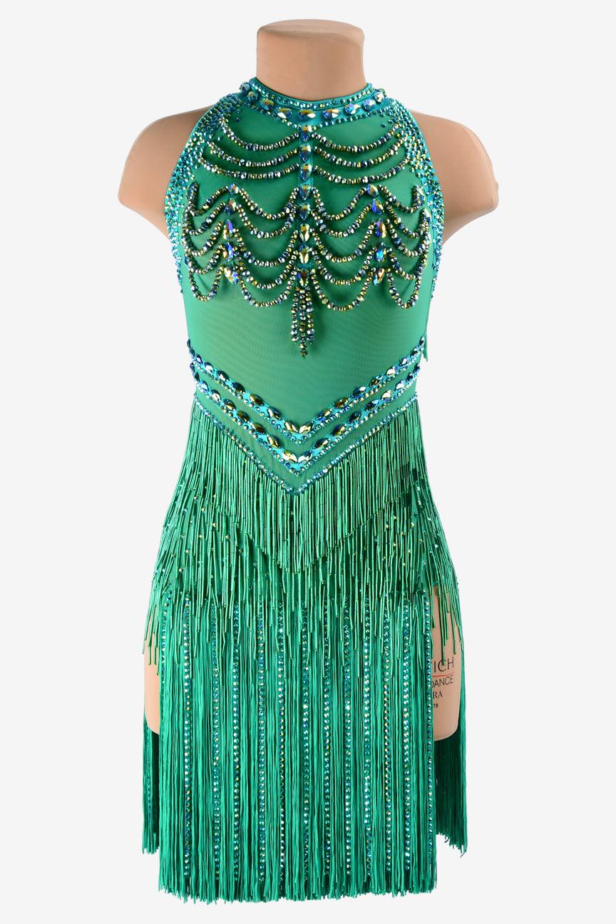 Permino sea green Latin dress with stone fringes, beaded fringe, AB stone, fringe and beading - PerminoDesign