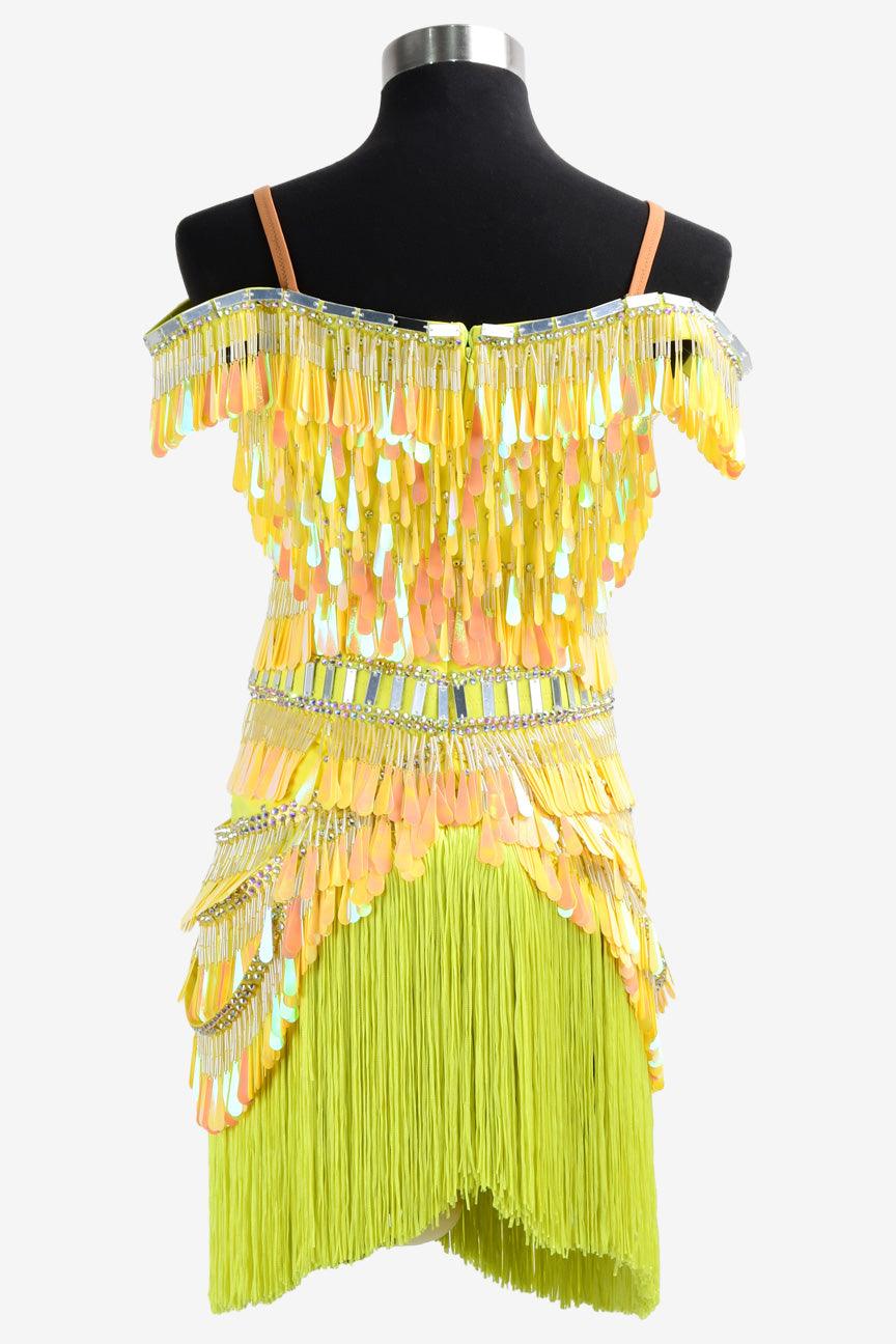 Permino canary yellow Latin dress with sequins, fringe and crystal AB - PerminoDesign