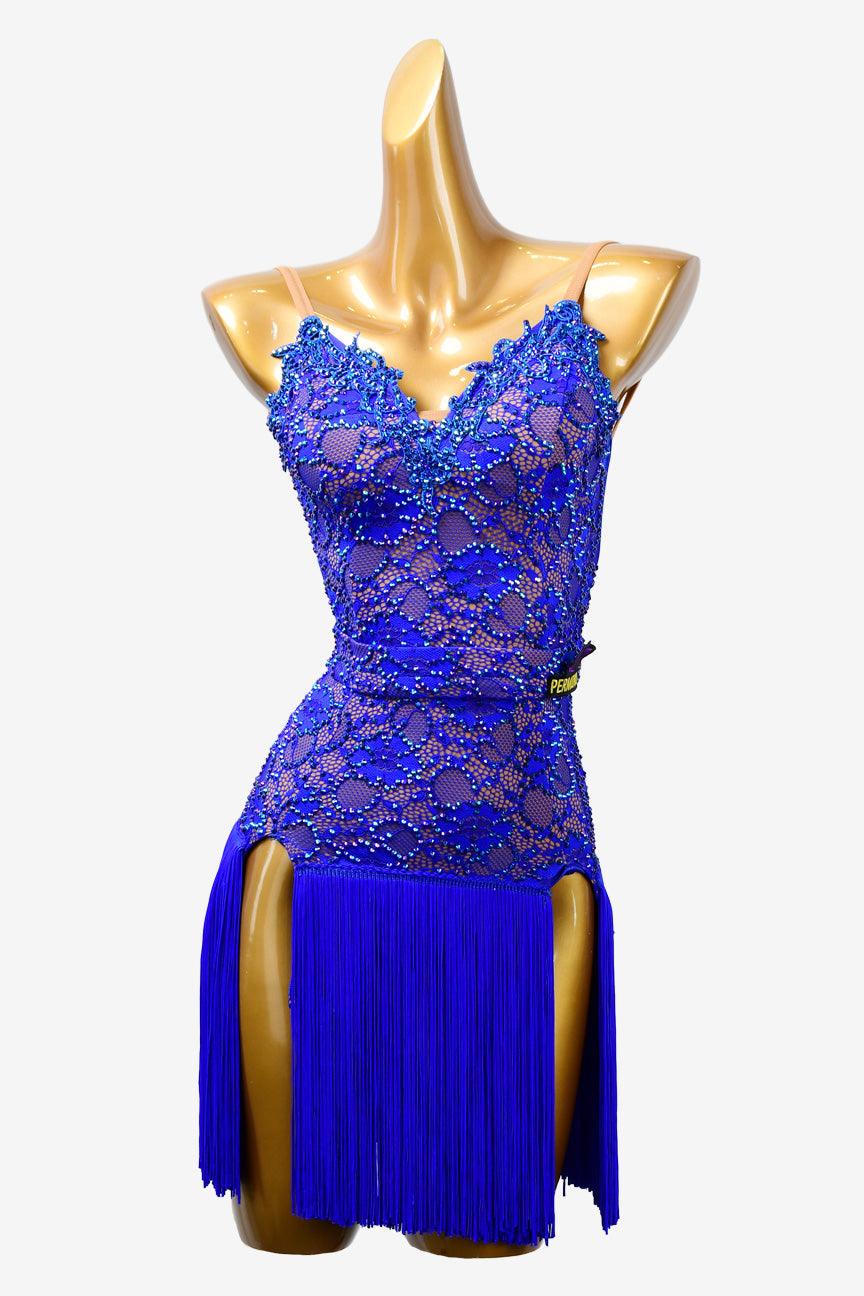 Permino cerulean bule stretch lace backless Latin dress with rhinestones & fringes - PerminoDesign