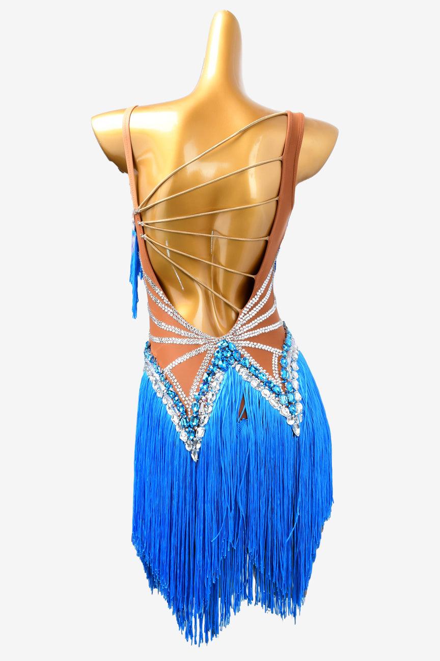 Permino deep sky blue Latin dress with fringe and crystal AB - PerminoDesign