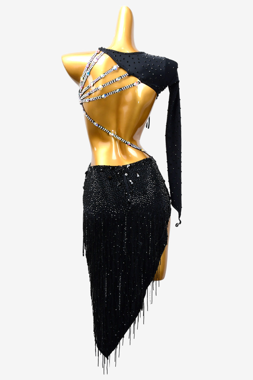 Permino black Latin dress with beaded fringe and rhinestone - PerminoDesign