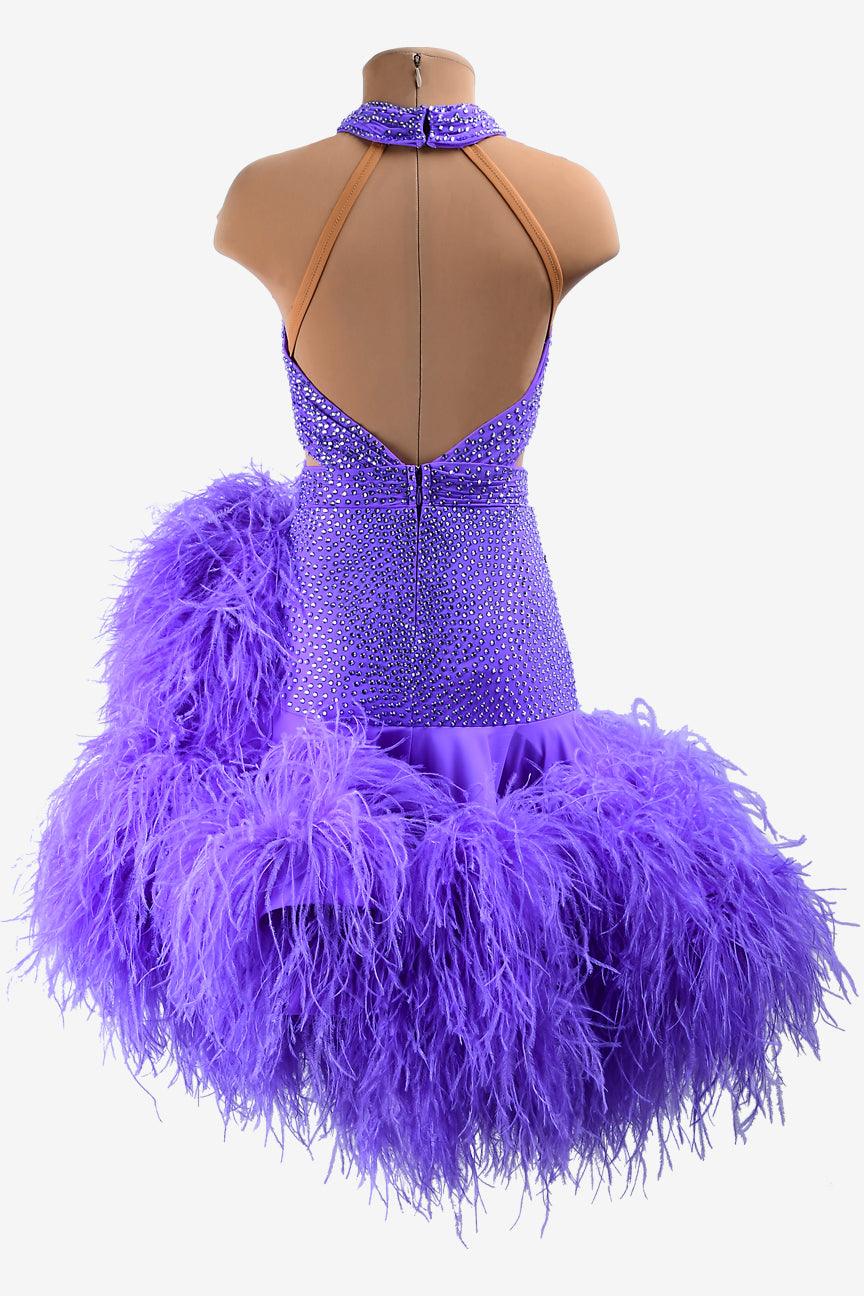 Permino medium purple matt lycra Latin dress with ruffle fishbone underskirt, feathers & rhinestones - PerminoDesign