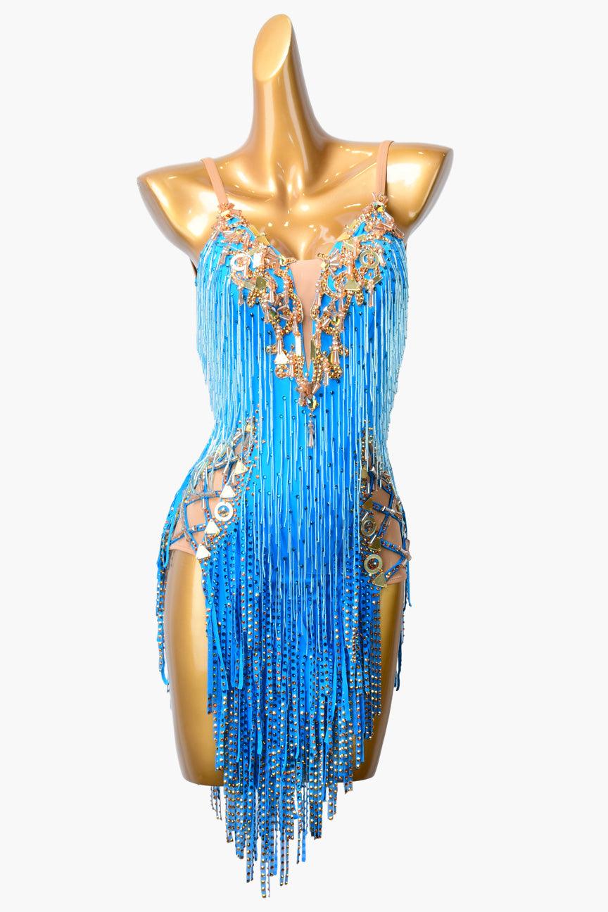 Permino deep sky blue Latin dress with beaded fringe, stone fringes and rhinestone - PerminoDesign