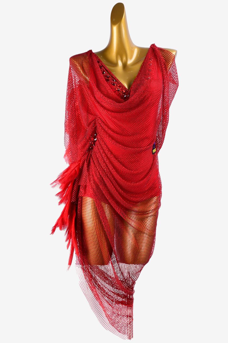 Permino china red Latin dress with fishnet, crystal AB and feather - PerminoDesign