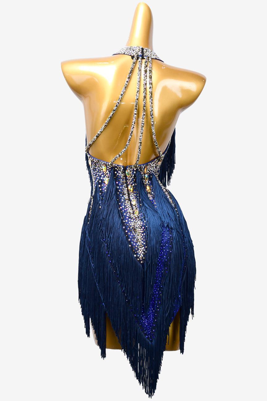 Permino slateblue matt lycra Latin dress with steeblue tassels, crystals & gold sew-on stones - PerminoDesign