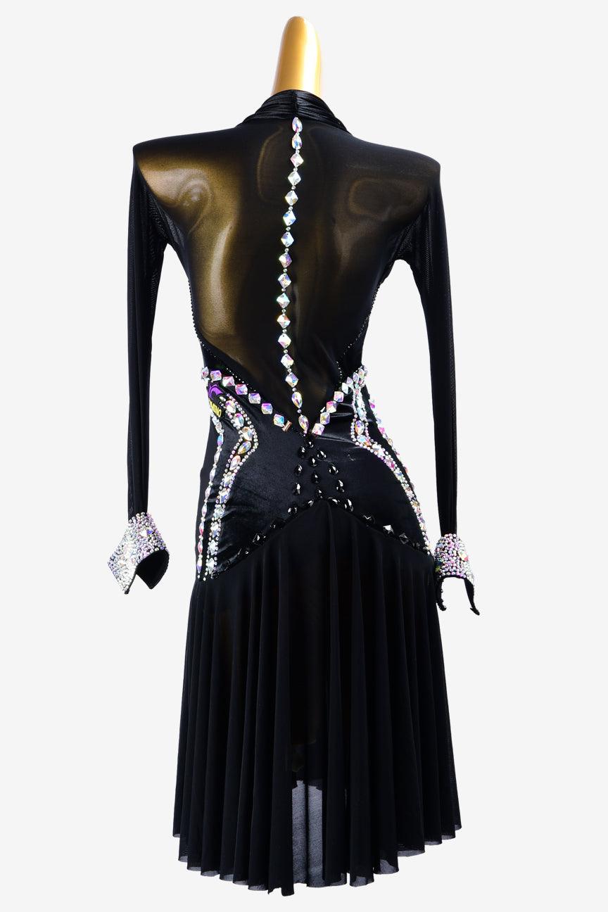 Permino black mesh & smooth Velvet Latin dress with AB crystals & AB sew-on stones - PerminoDesign