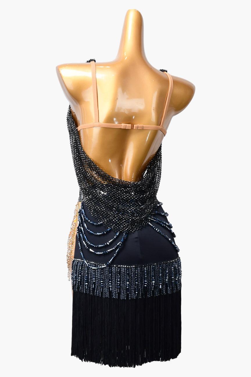 Permino black Latin dress with fringe, fishnet, beaded fringe and rhinestone