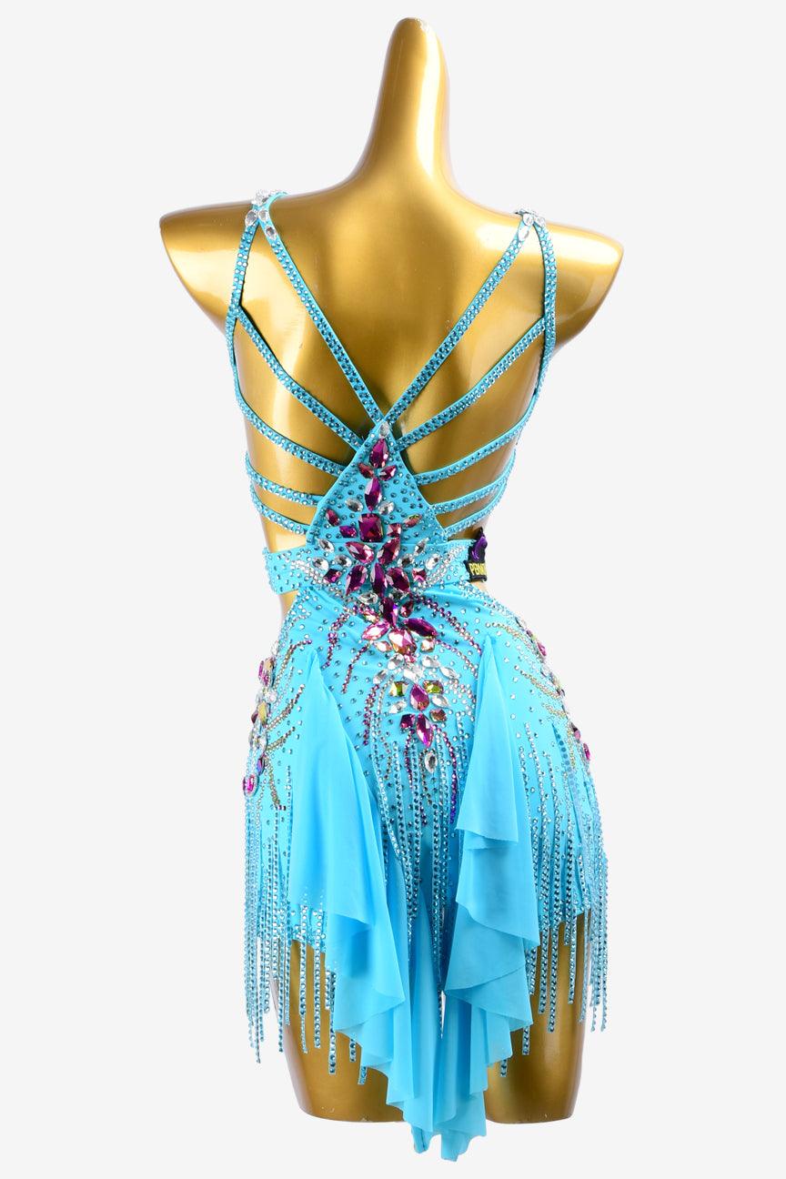 Permino sky blue matt lycra Latin dress with white stone fringes, crystals & mediumvioletred sew-on stones - PerminoDesign