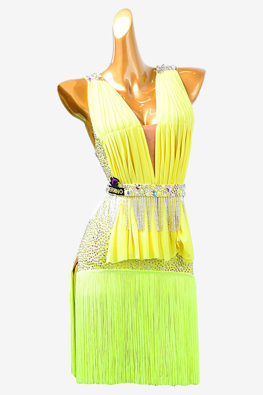 Permino lemon yellow Latin dress with fringe, beaded fringe and AB stone - PerminoDesign