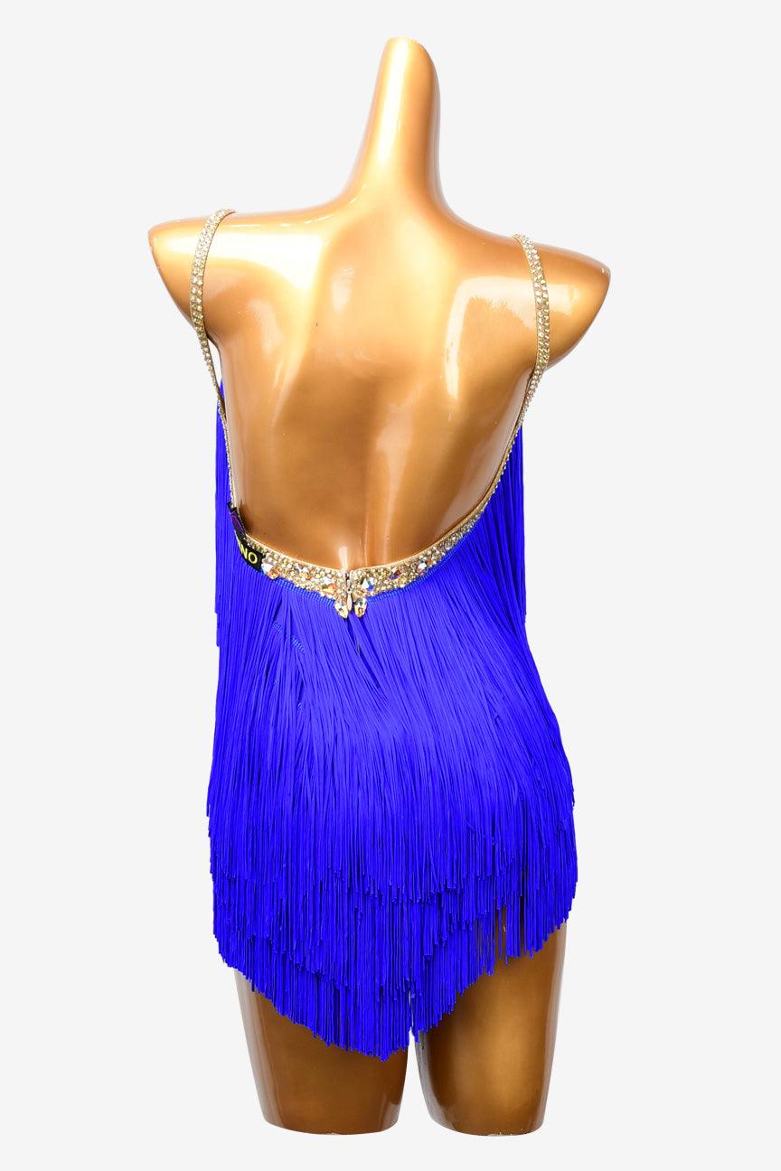 Permino international klein blue Latin dress with fringe and rhinestone - PerminoDesign