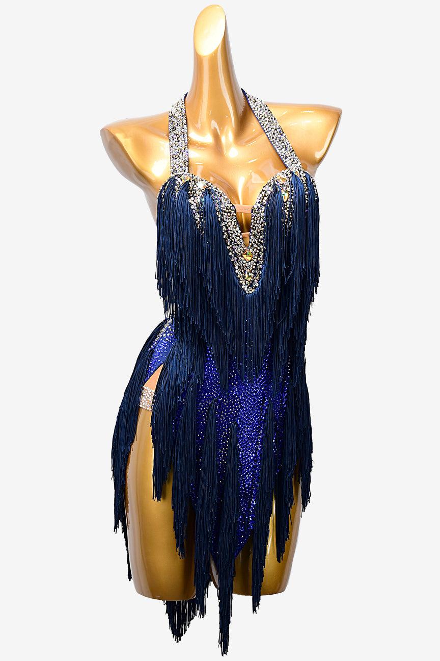 Permino slateblue matt lycra Latin dress with steeblue tassels, crystals & gold sew-on stones - PerminoDesign