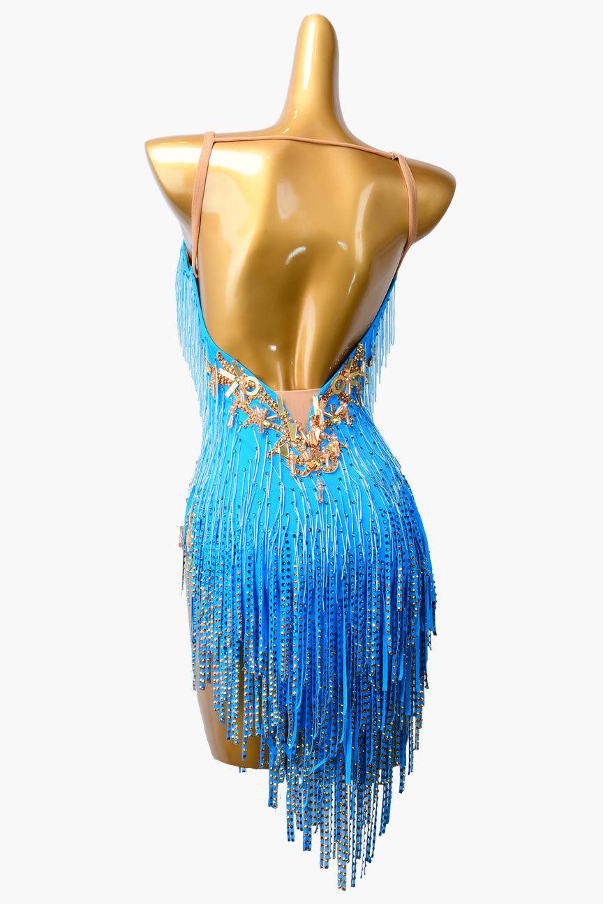 Permino deep sky blue Latin dress with beaded fringe, stone fringes and rhinestone - PerminoDesign