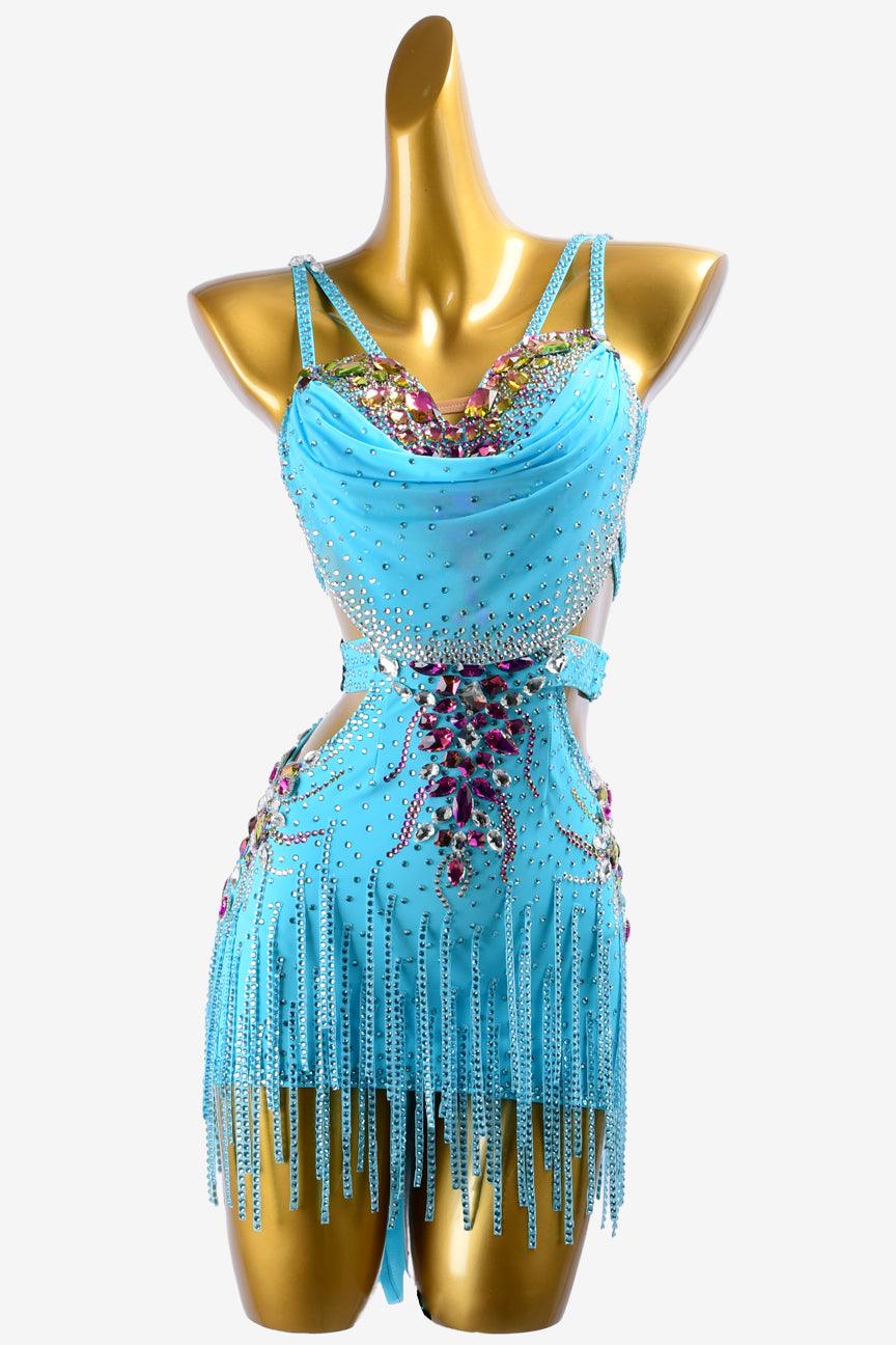 Permino sky blue matt lycra Latin dress with white stone fringes, crystals & mediumvioletred sew-on stones - PerminoDesign