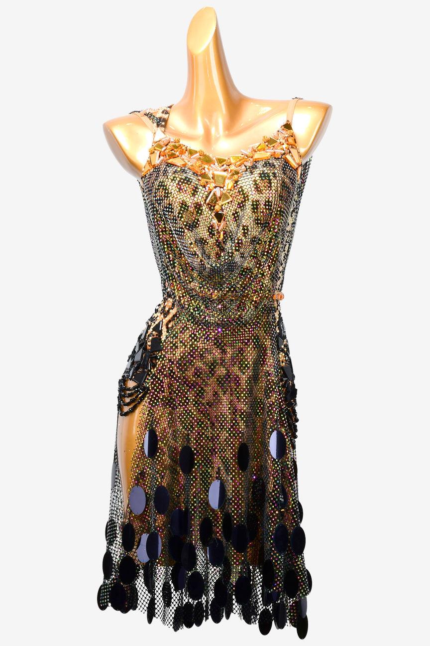 Permino leopard print Latin dress with sequin, fishnet and rhinestone - PerminoDesign