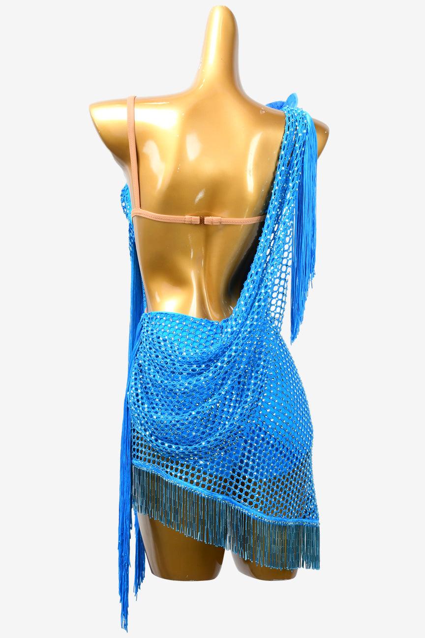 Permino deep sky blue crystal fishnet Latin dress with rhinestones, fringes, flower appliques & beaded fringes - PerminoDesign