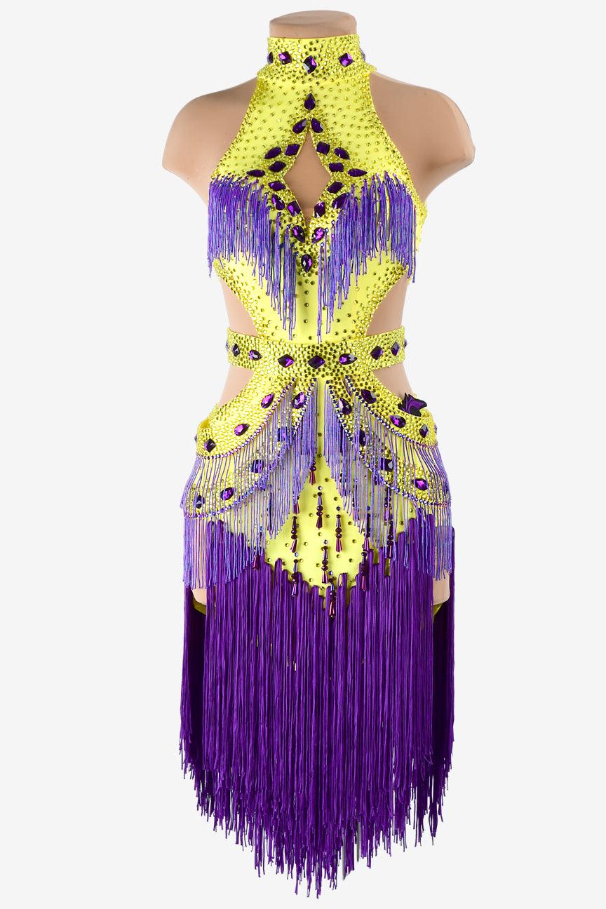 Permino yellow lustre lycra Latin dress with beaded fringes, rhinestones, beadings, purple tassels & sew-on stones - PerminoDesign