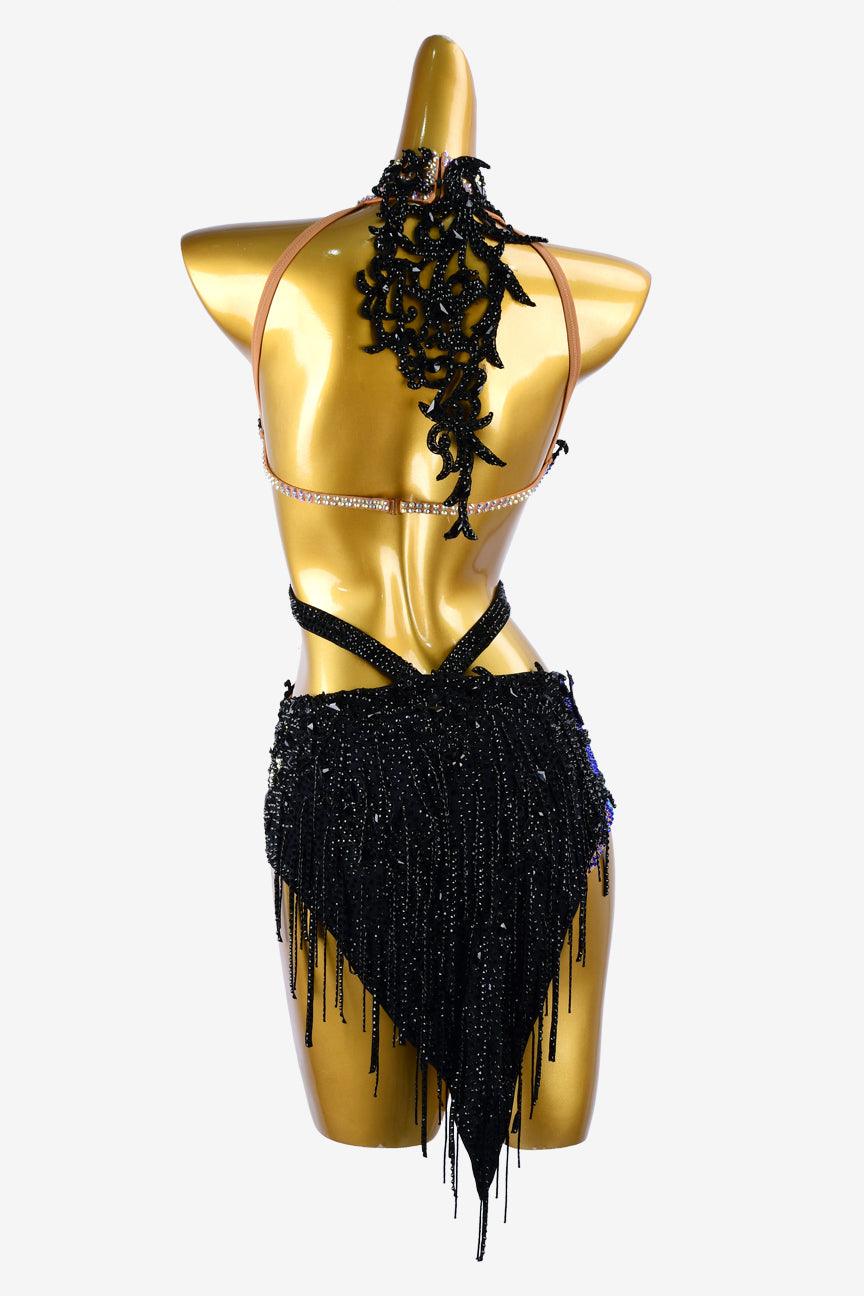 Permino black matt lycra Latin dress with colorful crystal AB, black stone fringes & lace appliqués - PerminoDesign