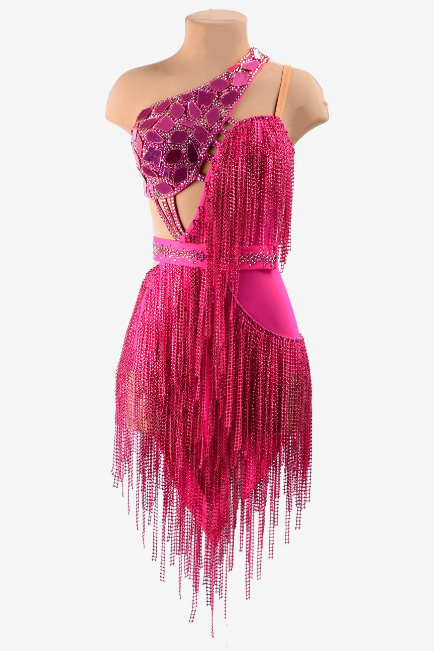 Permino carmine matt lycra Latin dress with crystal fishnet fringes, mirror stones and rhinestones - PerminoDesign