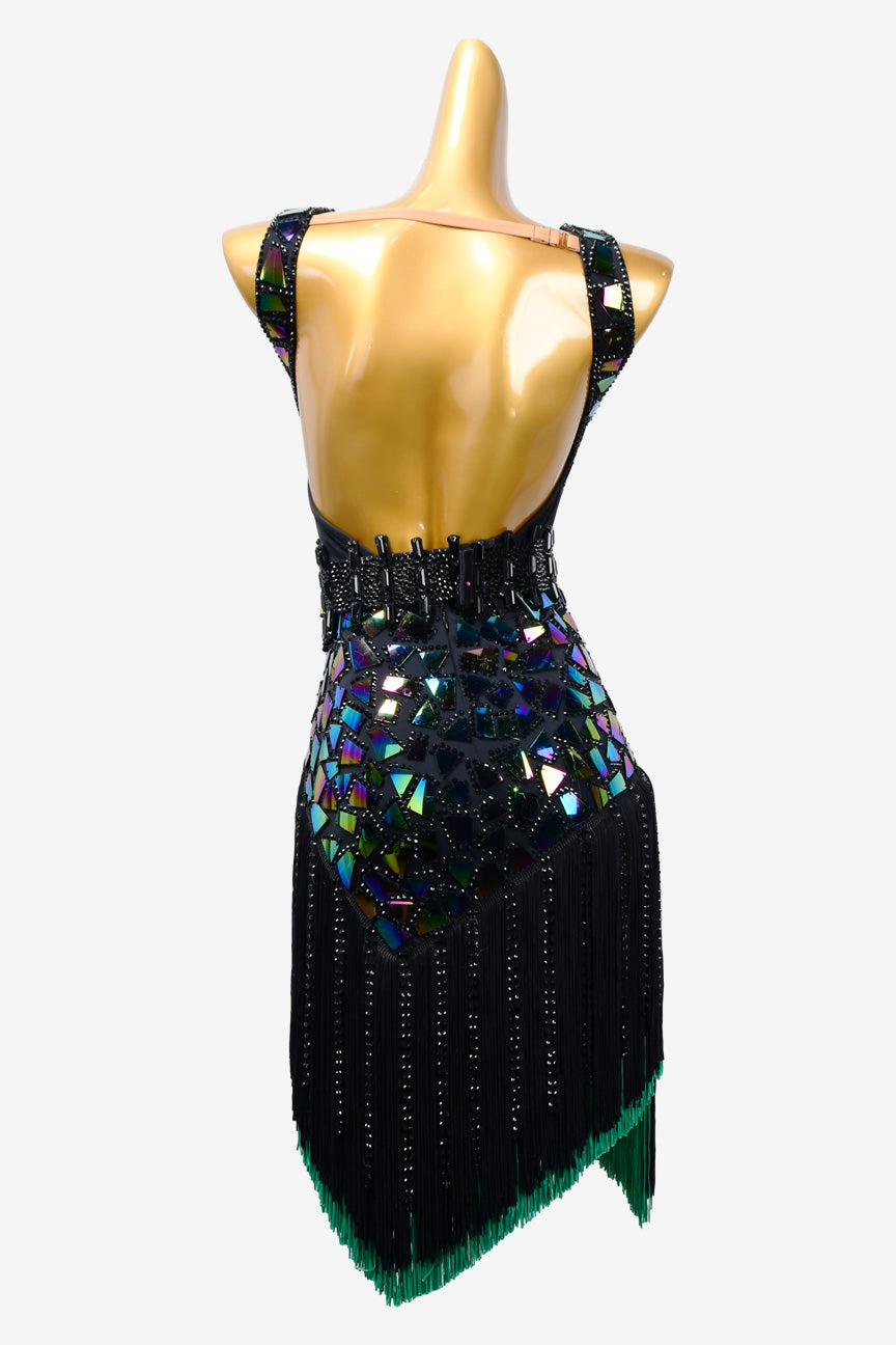 Permino black Latin dress with AB stone, stone fringes and mirror stones - PerminoDesign