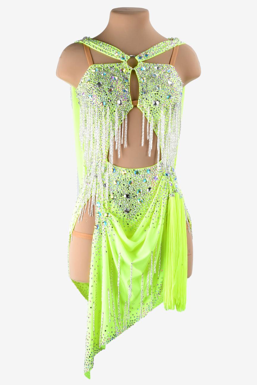 Permino light lime green Latin dress with stone fringes, tassels  and AB stone - PerminoDesign