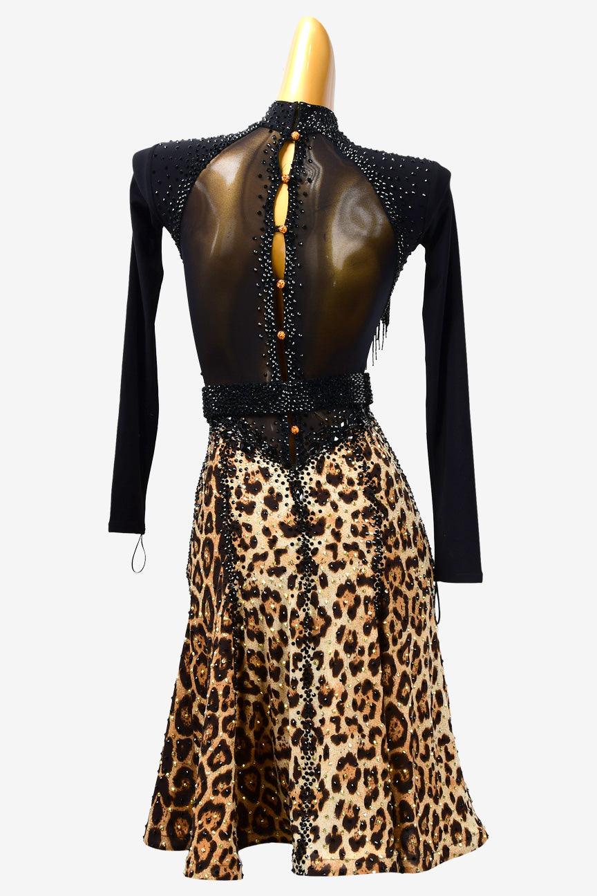 Permino leopard print Latin dress with beaded fringe and rhinestone - PerminoDesign