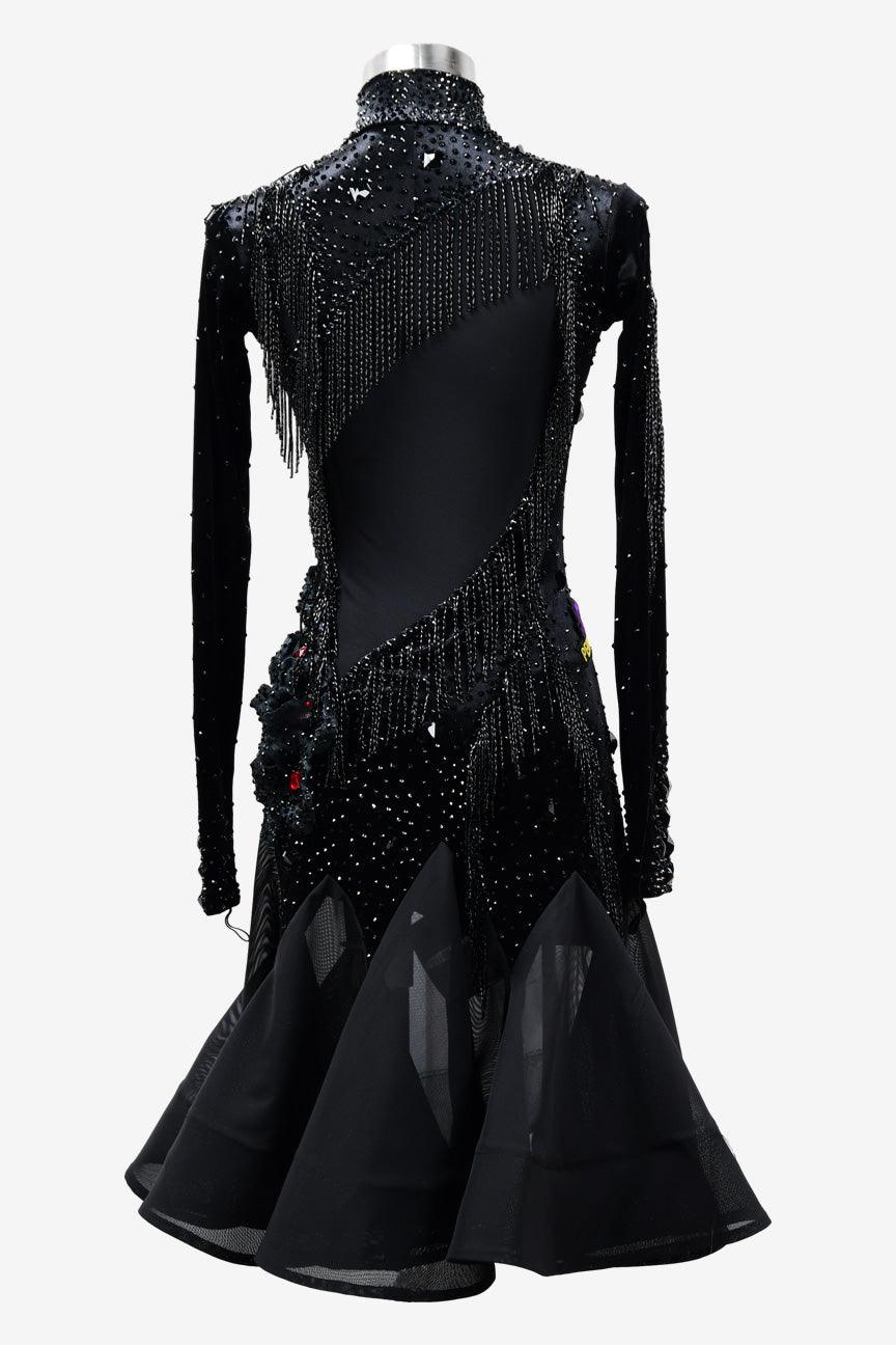 Permino black Latin dress with beaded fringe and rhinestone - PerminoDesign