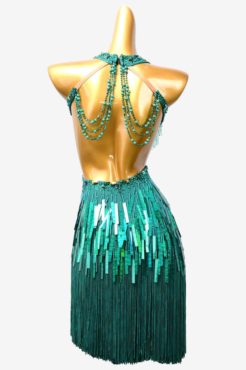 Permino peacock blue Latin dress with beaded fringe, sequins and rhinestone - PerminoDesign