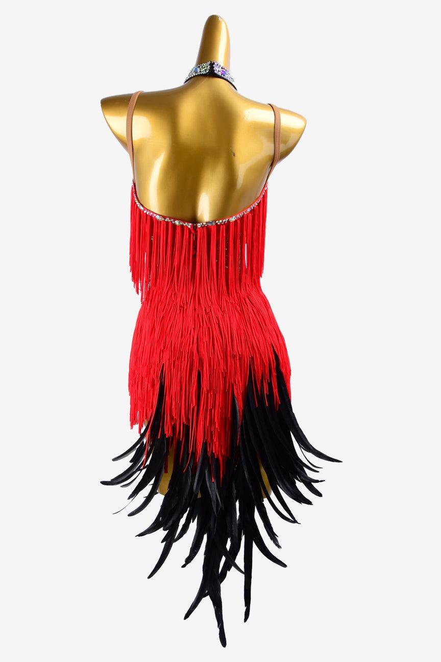 Permino fleshtone lycra Latin dress with red fringes, black feathers, silver crystals & sew-on stones - PerminoDesign