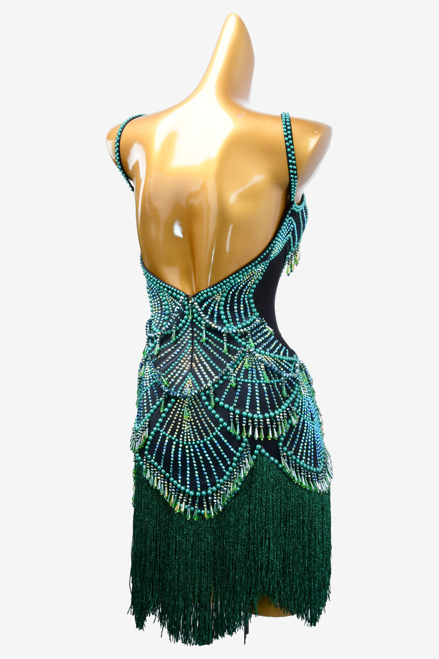 Permino turquoise green Latin dress with beading, sequin, fringe and rhinestone - PerminoDesign