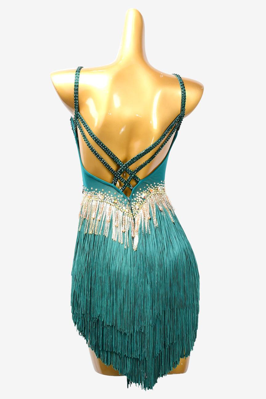 Permino lake green Latin dress with beaded fringe, rhinestone and fringe - PerminoDesign