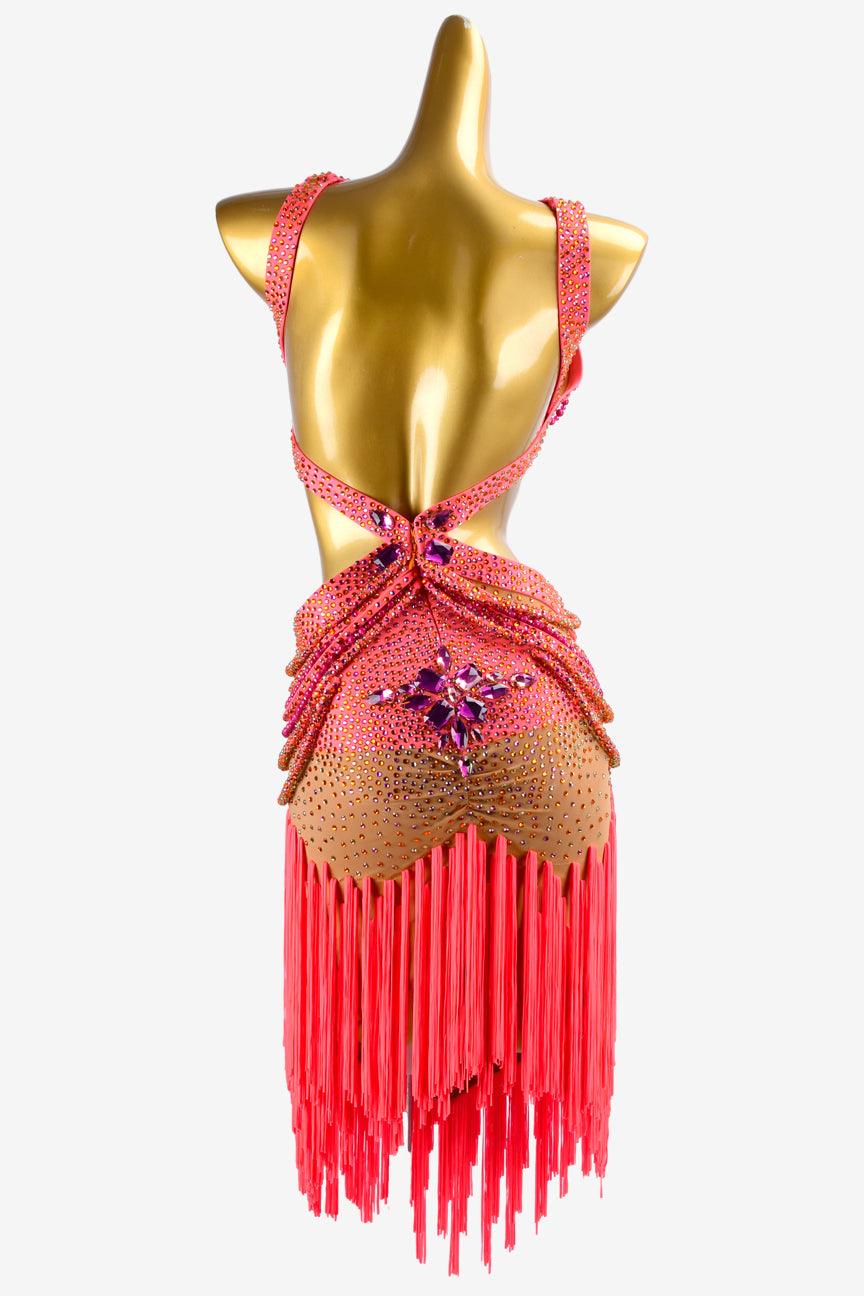 Permino fleshtone lycra Latin dress with oranger red stone string, fringes & rhinestones - PerminoDesign