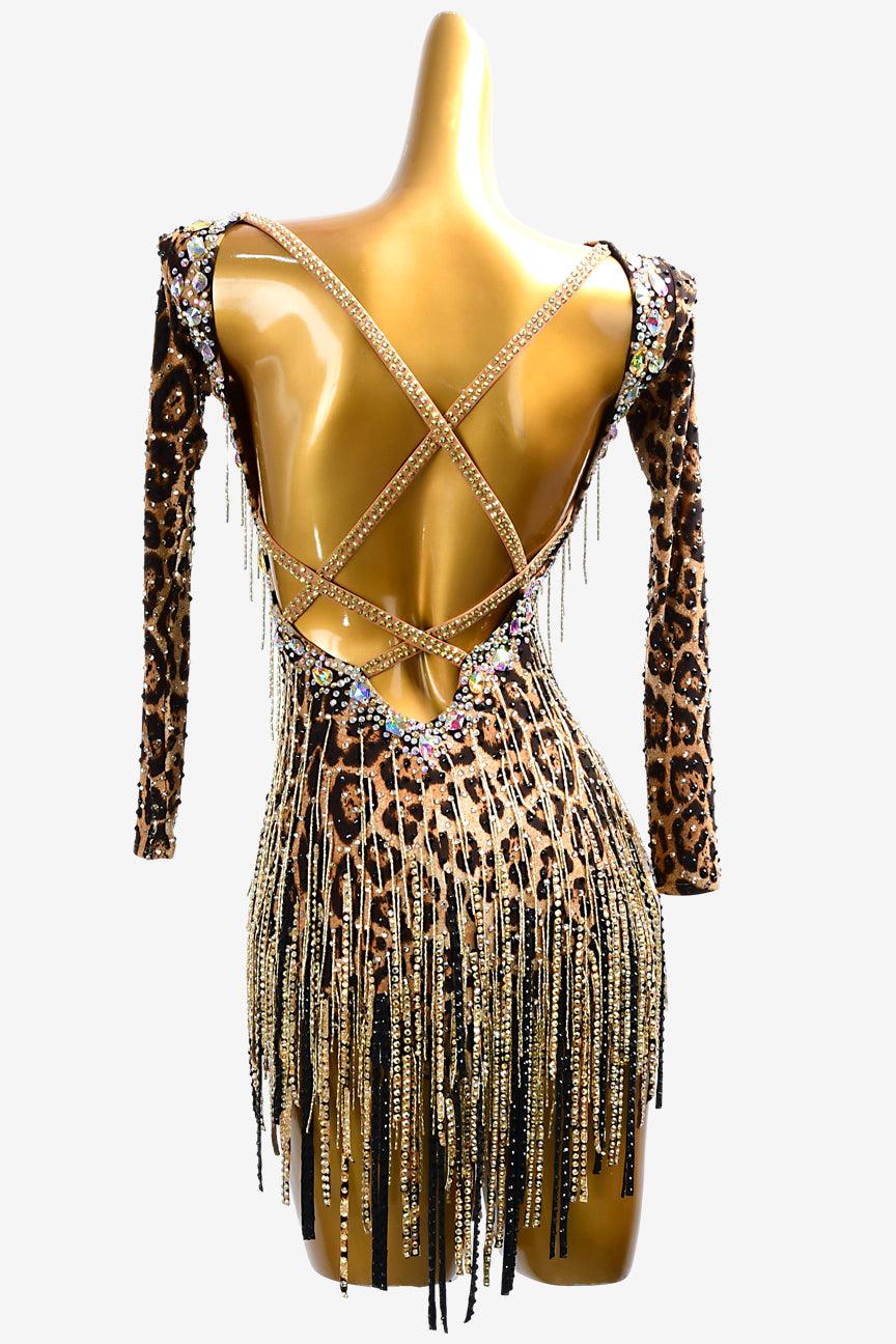 Permino leopard print Latin dress with white crystal AB, stone fringes & gold beaded fringes - PerminoDesign