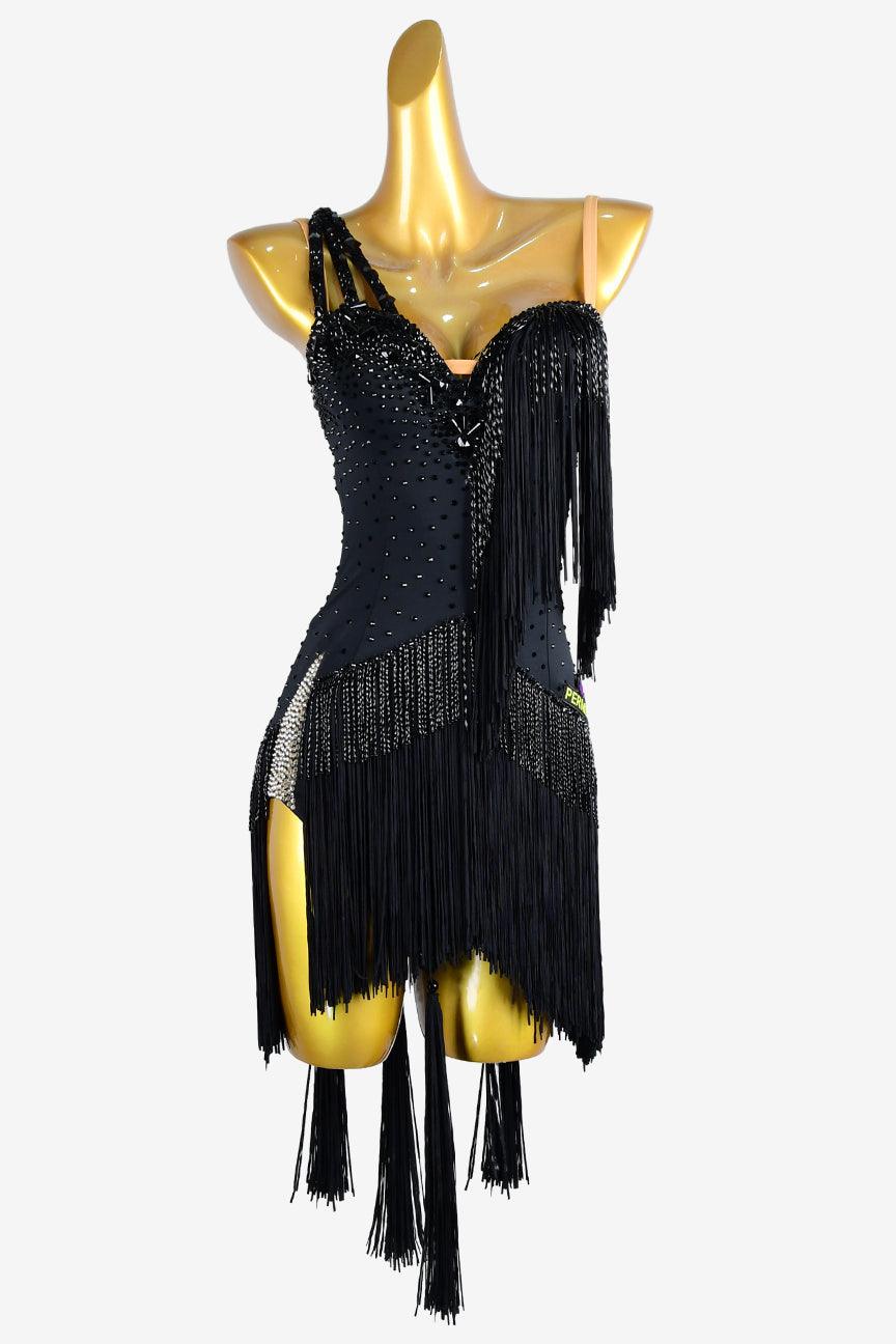 Permino black lustre lycra backless Latin dress with fringes, beaded fringes & rhinestone - PerminoDesign