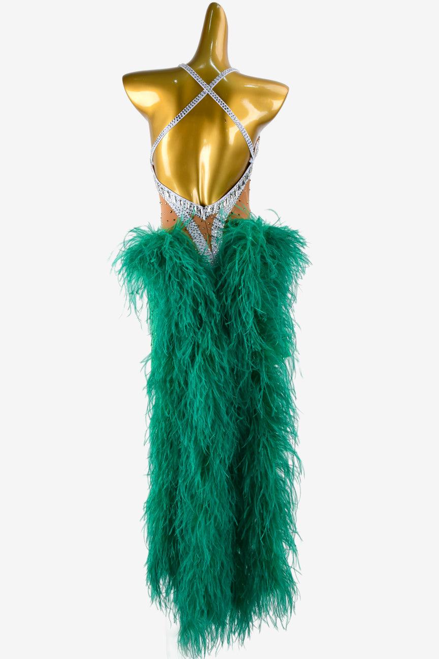 Permino fleshtone matt lycra Latin dress with sea green feathers, beaded fringes, rhinestones & sew-on stones - PerminoDesign