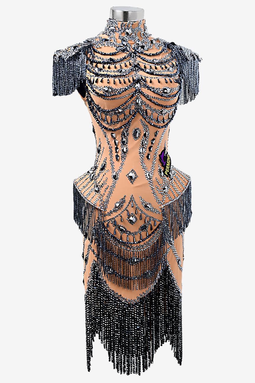 Permino fleshtone matt lycra Latin dress with lace appliqués, beadings, mineral gray crystals & stone fringes - PerminoDesign