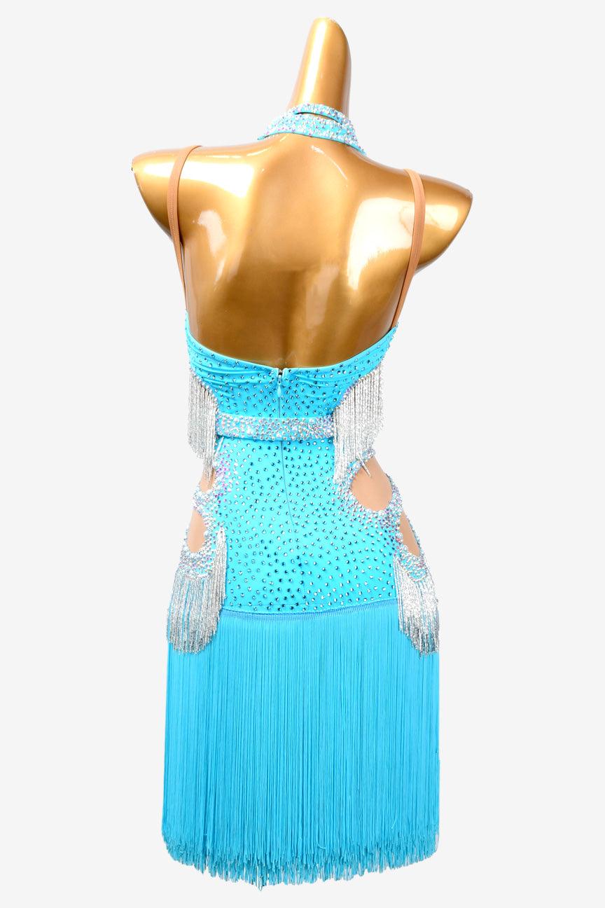 Permino deep sky blue Latin dress with beaded fringe and crystal AB - PerminoDesign