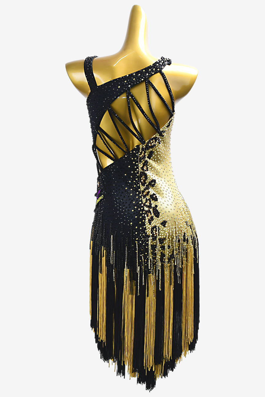 Permino black & burnt yellow Latin dress with tassels, gold beaded fringe and rhinestone - PerminoDesign