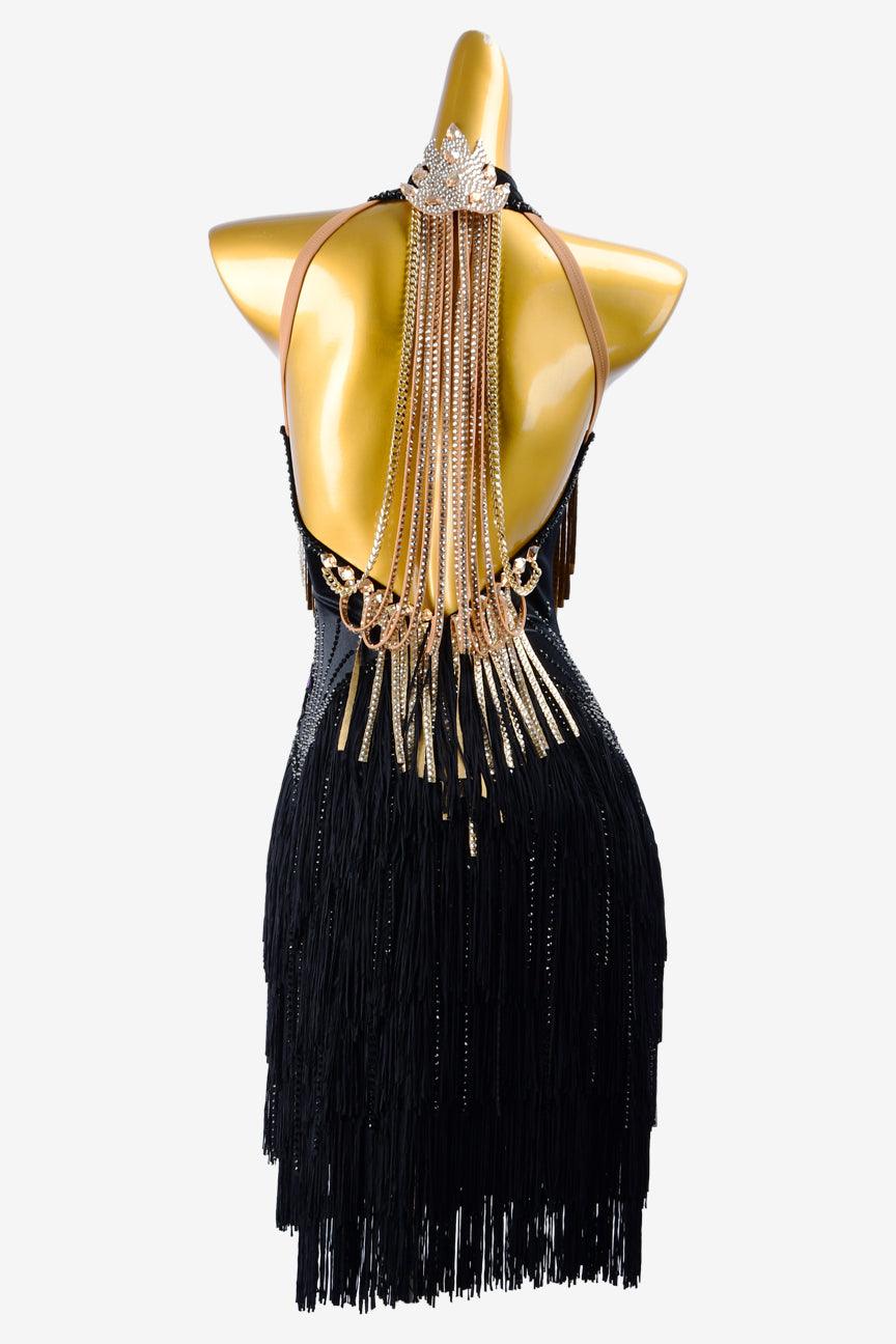 Permino black matt lycra Latin dress with fringes, gold chains & stone fringes and crystals - PerminoDesign