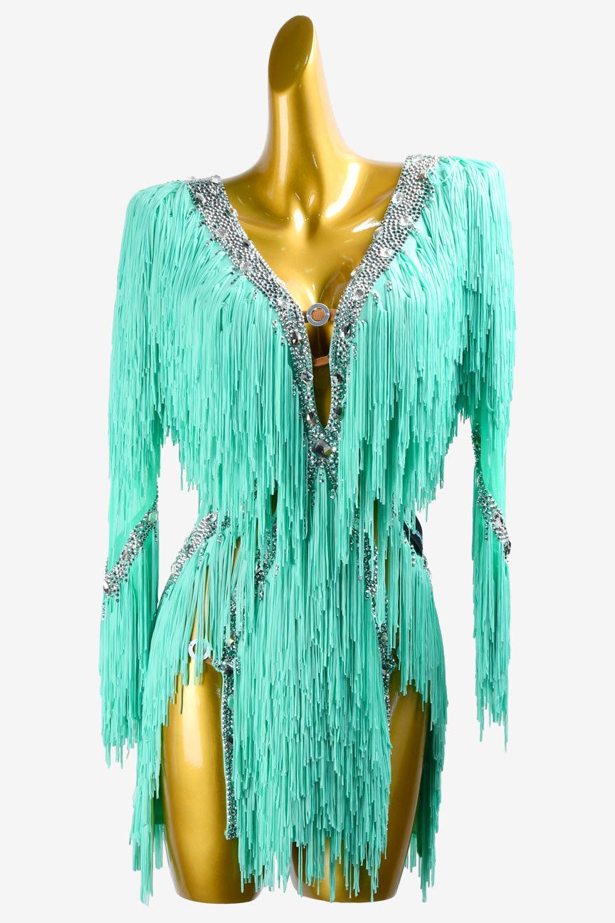 Permino turquoise Latin dress with AB stone and fringe - PerminoDesign