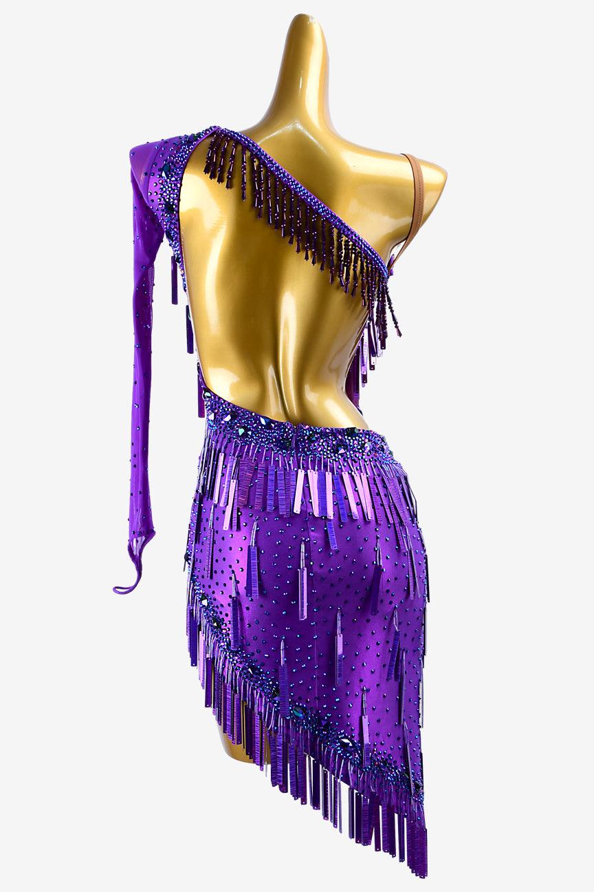 Permino violet lustre lycra Latin dress with mesh sleeve,  sequins, darkblue rhinestones & sew-on stones - PerminoDesign