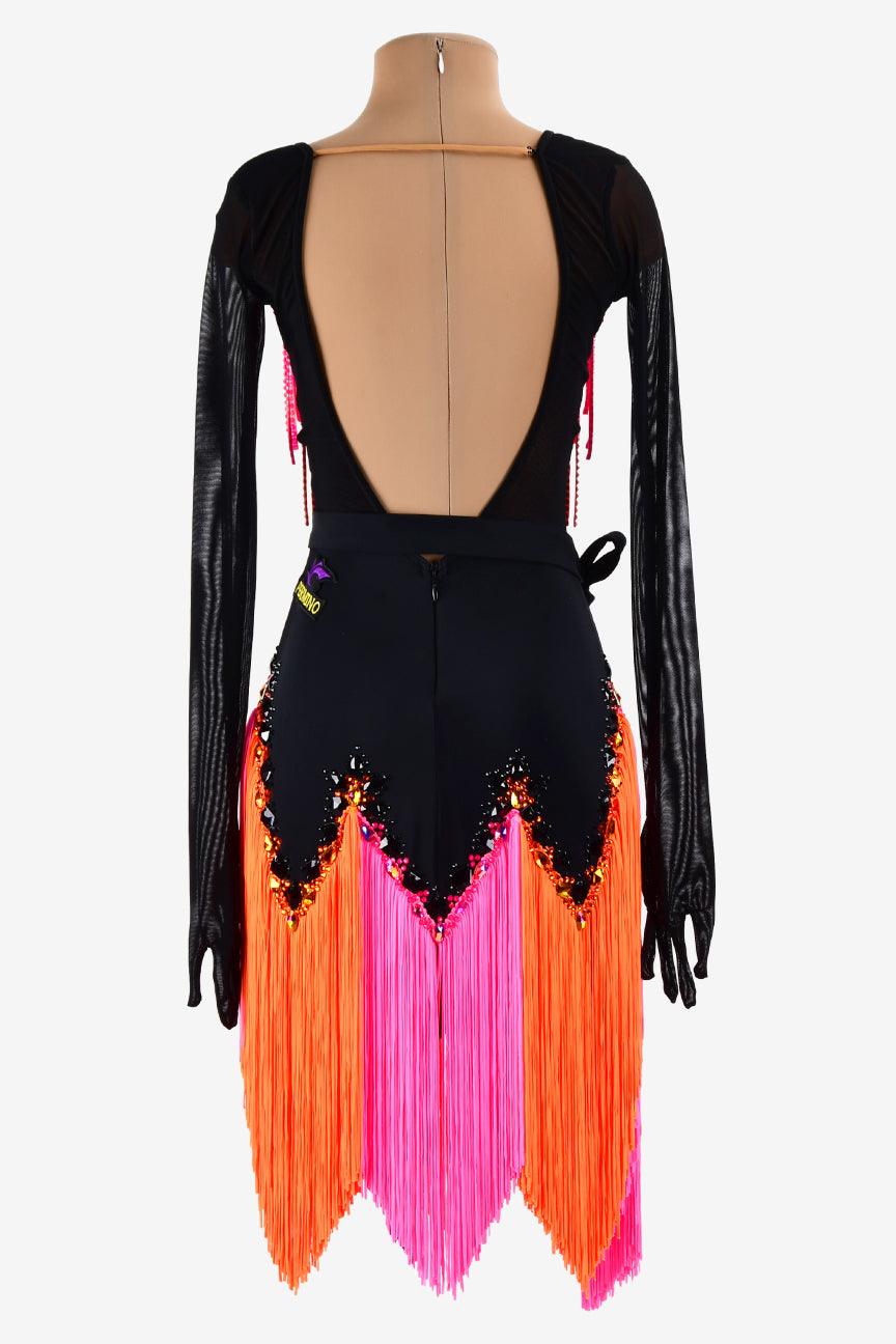 Permino black mesh Latin dress with stone fringes, rhinestone, sew-on stones & orangered mix pink fringes - PerminoDesign