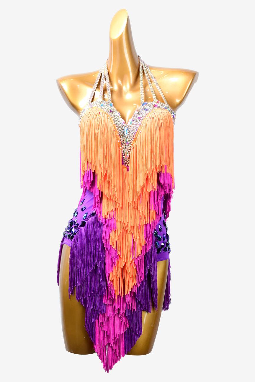 Permino colorful Latin dress with fringe and AB stone - PerminoDesign