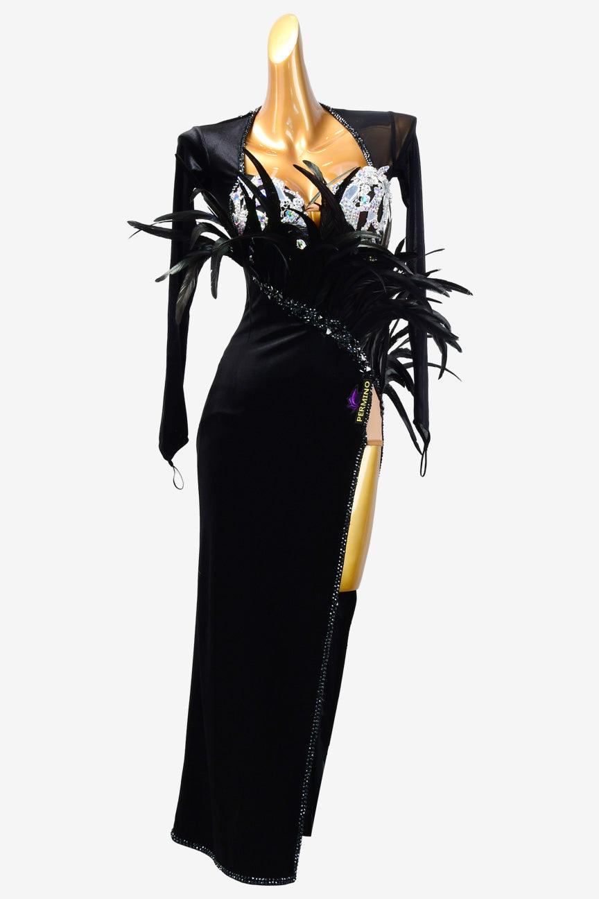 Permino black Latin dress with AB stone and feather - PerminoDesign