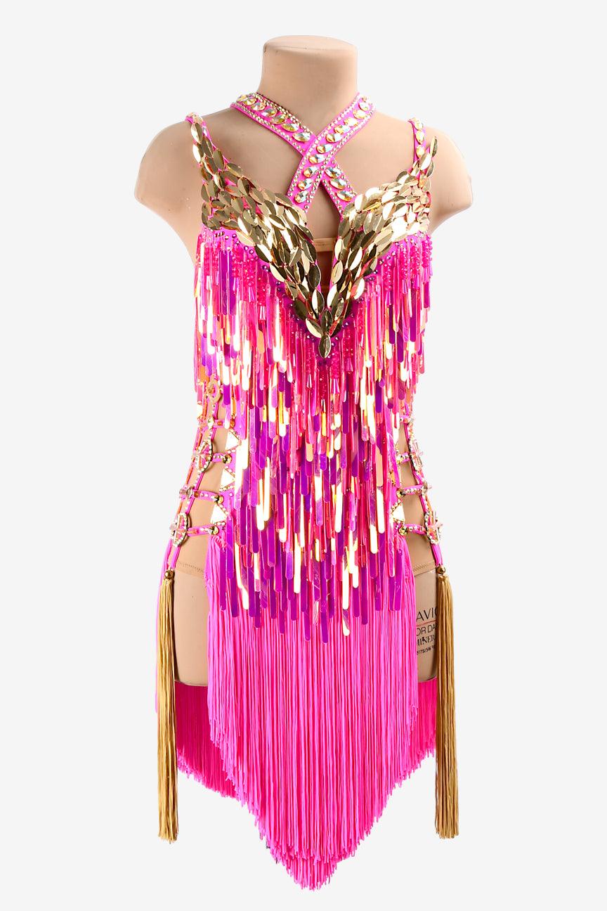 Permino mediumvioletred Latin dress with fringes, gold leaf, sequins, gold crystals & sew-on stones - PerminoDesign