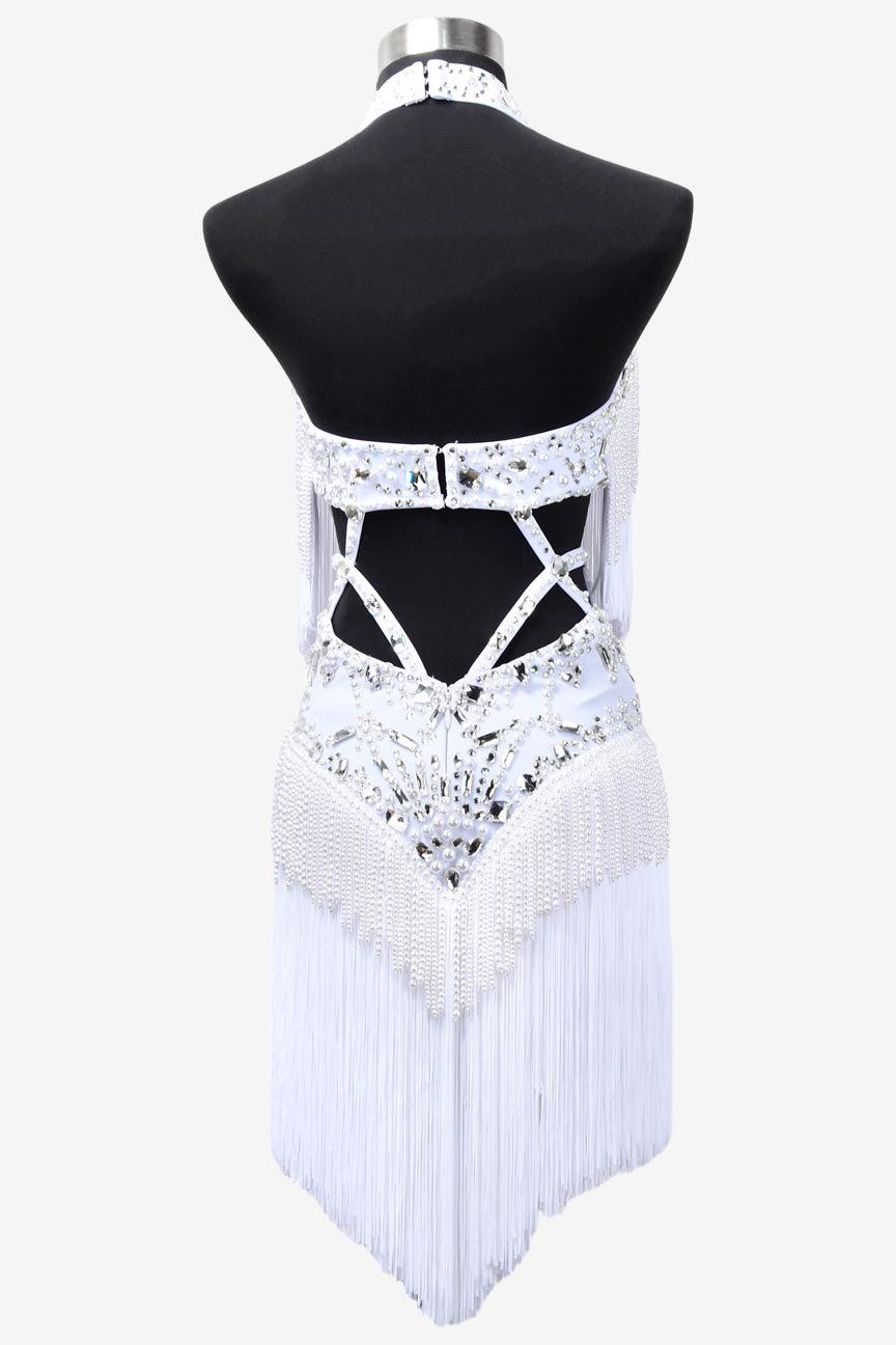 Permino white Latin dress with beading, fringe and  rhinestone