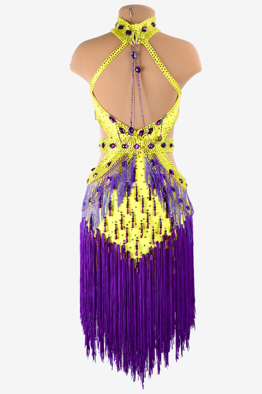 Permino yellow lustre lycra Latin dress with beaded fringes, rhinestones, beadings, purple tassels & sew-on stones - PerminoDesign