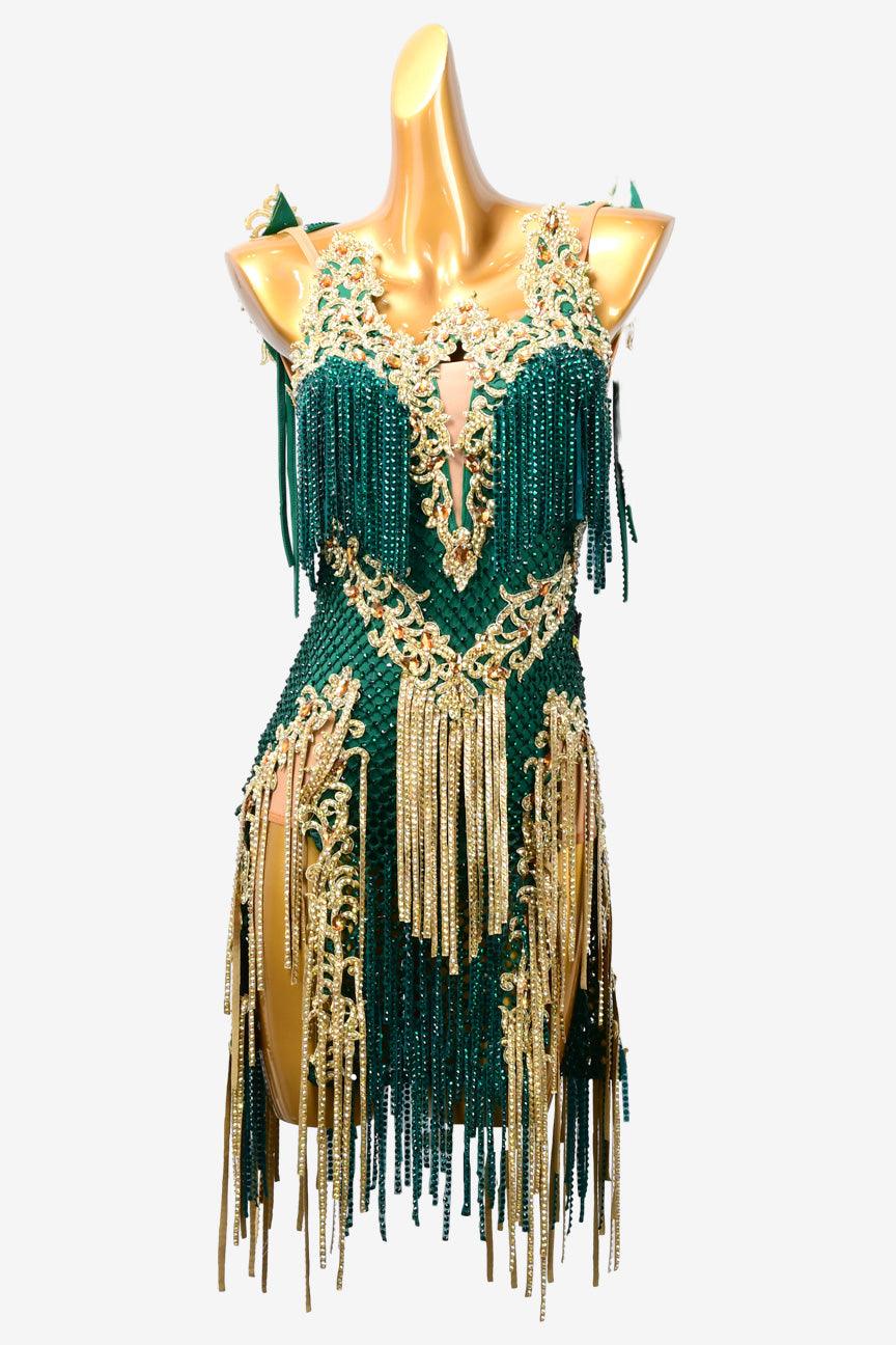 Permino turquoise green Latin dress with stone fringes, crystal AB and fishnet - PerminoDesign